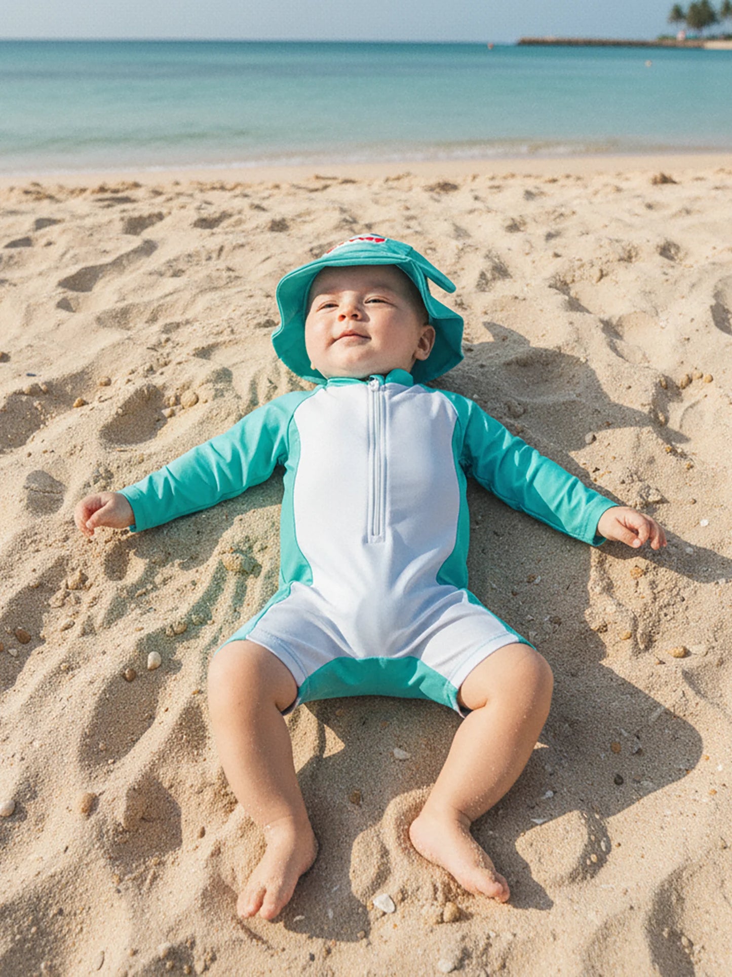 Baby Boys Rash Guard Swimsuit Set - Long Sleeve Zip-Up with Sun Cap