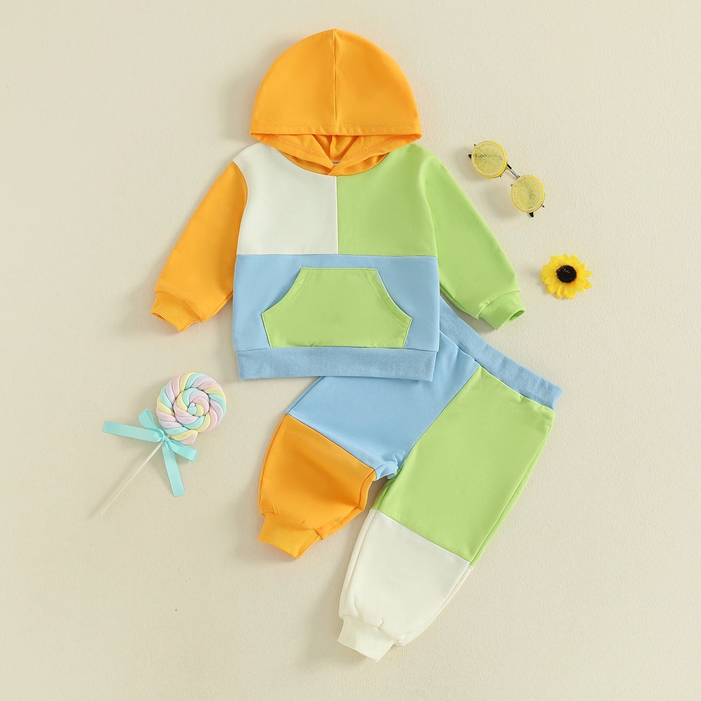 Kids Patchwork Hoodie and Pants Set - Casual Long Sleeve 2-Piece Outfit for Autumn Winter