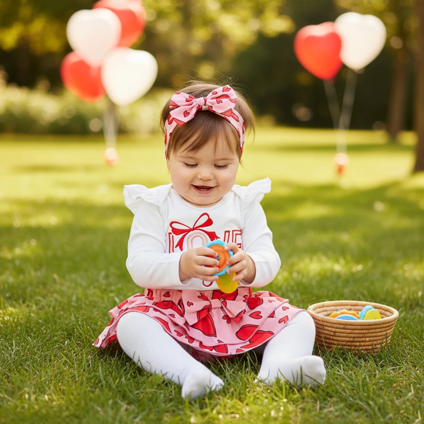 Baby Girls Valentine's Day Letter Embroidery Romper Heart Print Shorts and Hairband Set
