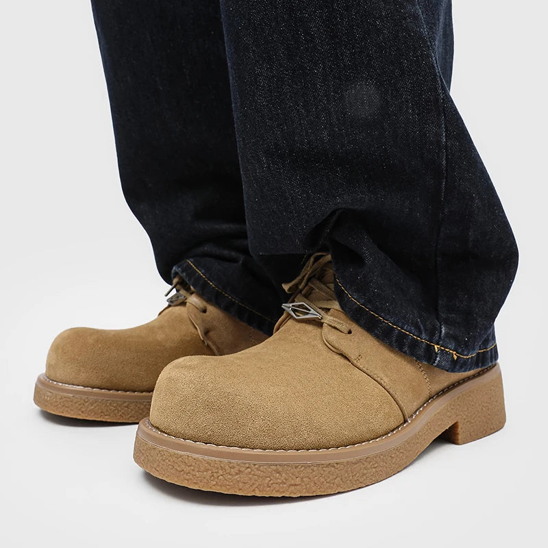 Men's Suede Leather Platform Work Shoes - Lace-Up Business Sneakers