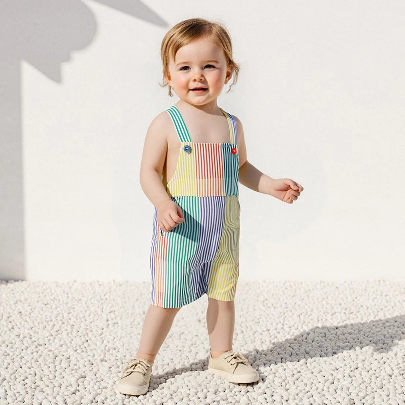 0-4Y Toddler Kids Boys Girls Overalls Shorts Loose Fit Striped Print Contrast Infant Jumpsuit