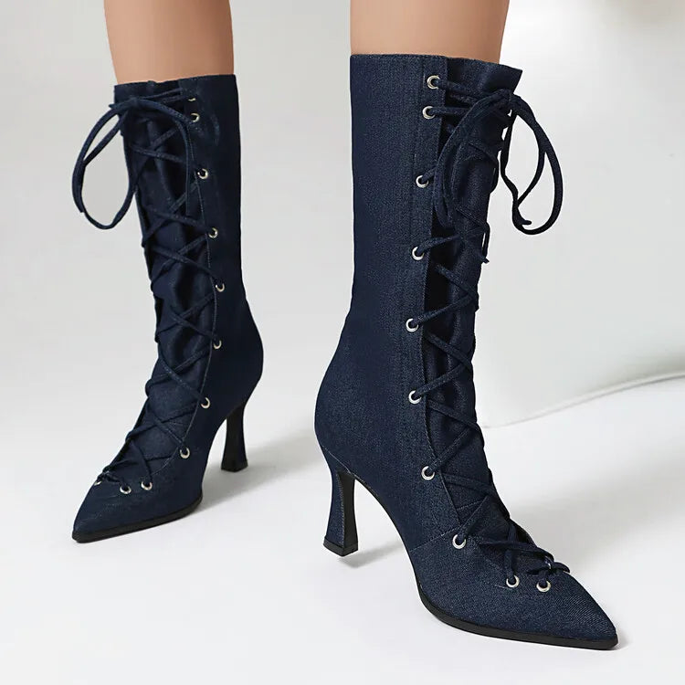 Women's Denim Blue 8cm Short Heel Ankle Boots