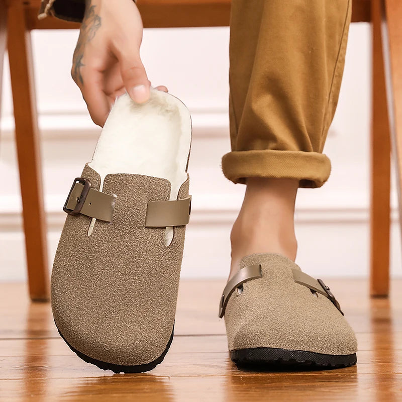Winter Plush Slippers - Men's Warm Closed Toe Buckle Design Clogs