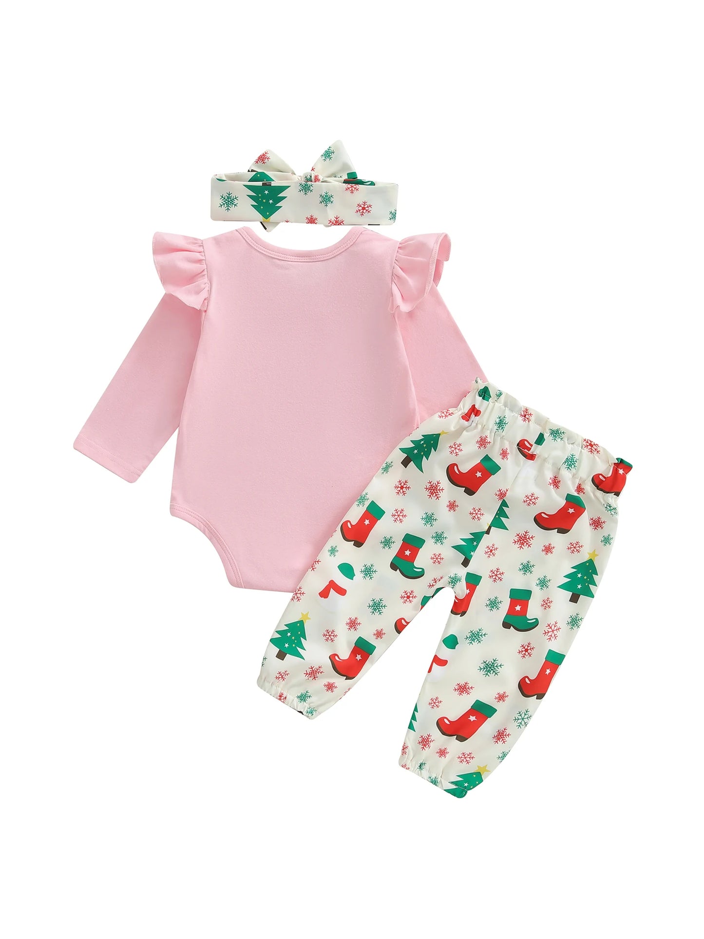 Baby Girls Christmas Outfit Set - 3-Piece Letter Long Sleeve Romper, Pants & Bow Headband (0-18M)