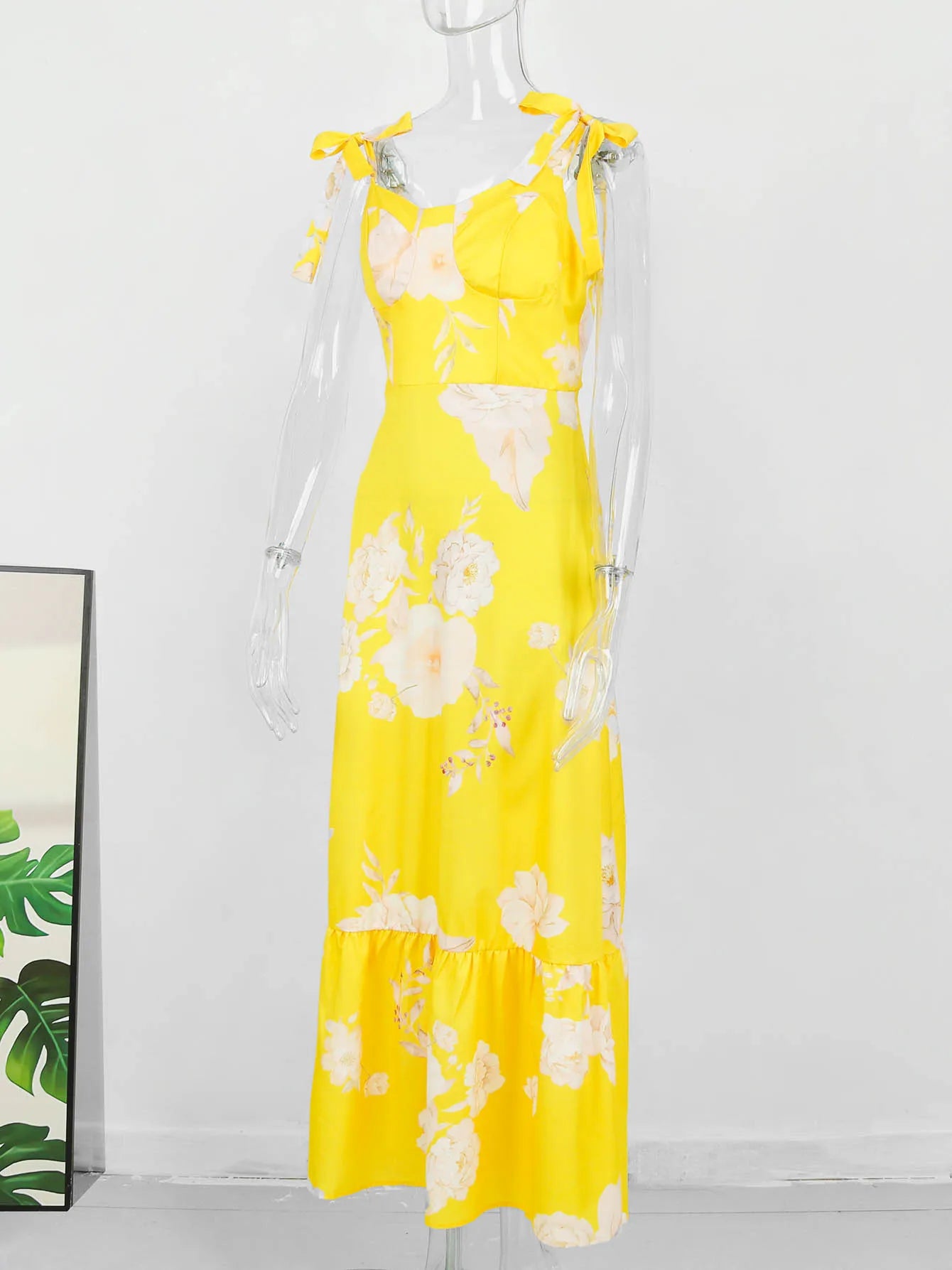 Women's Floral Printed  Elegant Sleeveless Long Lace Up Robe Summer Bodycon Dress