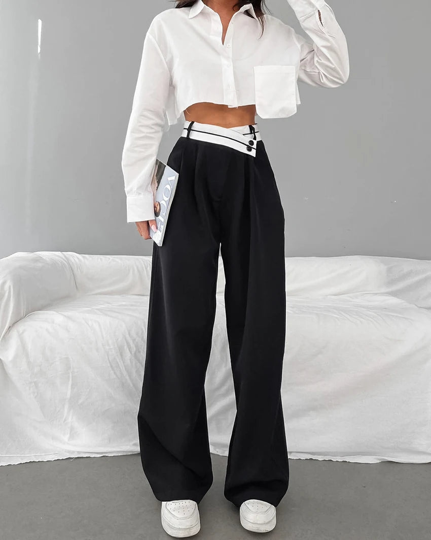 Women's 18 Patchwork Wide Leg Contrast High Waist Baggy Trousers