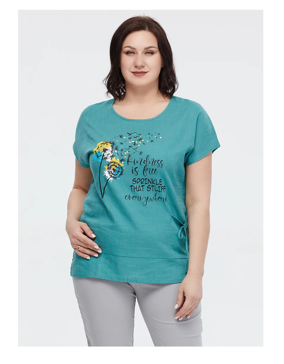 Women's Oversized Cotton Linen Floral Print T-Shirt – Short Sleeve