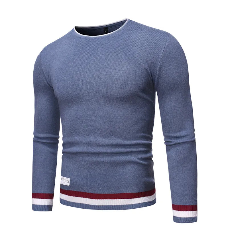 Men's O-Neck Knit Pullover - Long Sleeve Patchwork Sweater