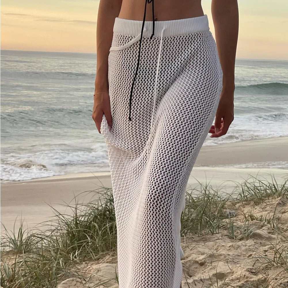 Women's Hollow Out Knitted Maxi Beachwear Bottoms See Through Skirt