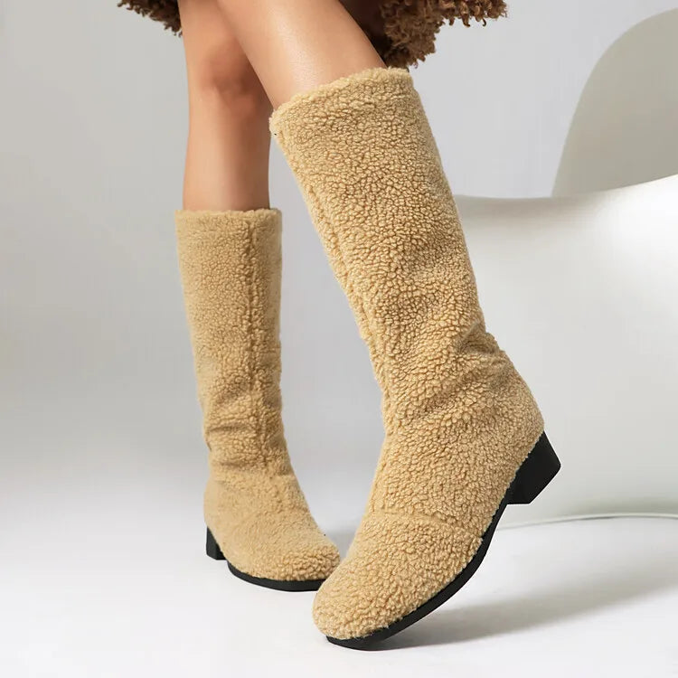 Women's Artificial Wool Winter Knee High Boots with Short Plush Lining