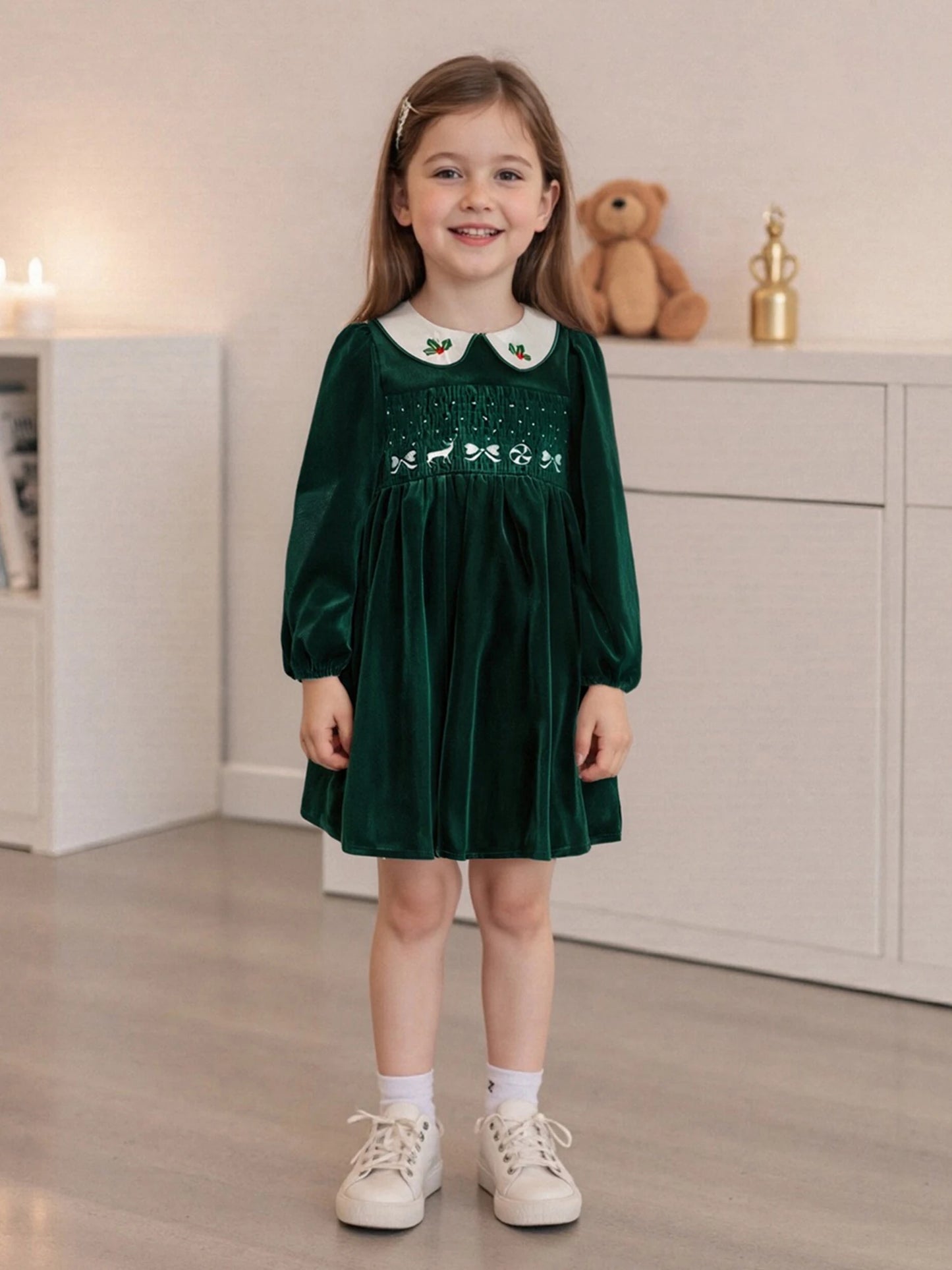 Little Girl's Velvet Christmas Dress - Deer Bow Holly Embroidered Smocked A-Line