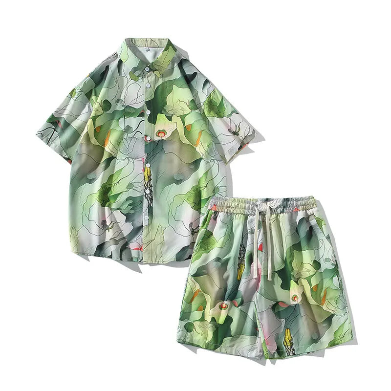 Men's Summer Print Set Turn Down Collar Short Shirts Shorts Hawaiian Beach Set  2-Piece Set