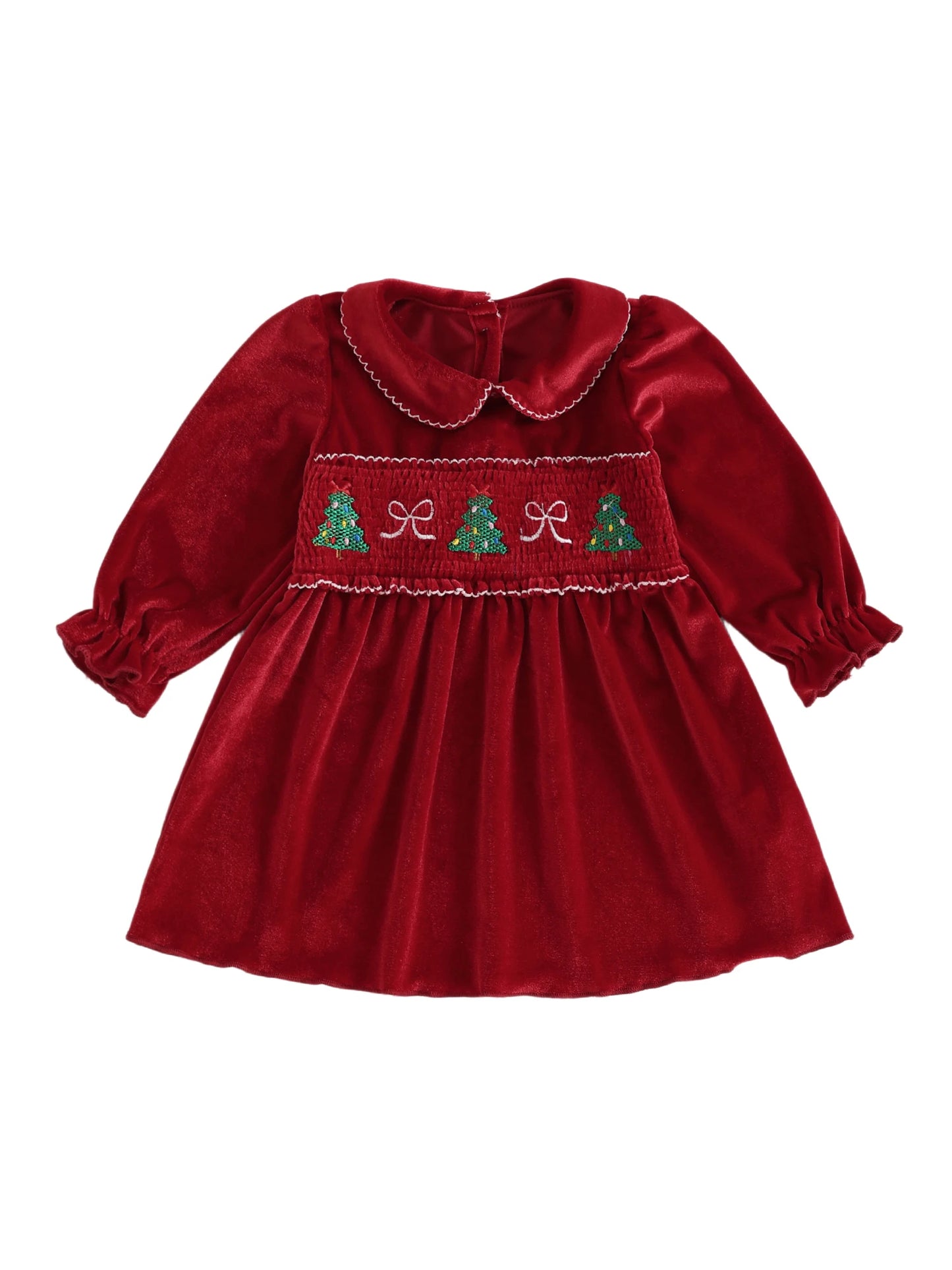 Lovely Kids Girls Christmas Velvet Dress - Xmas Tree Embroidery Doll Collar A-Line (0-4Y)