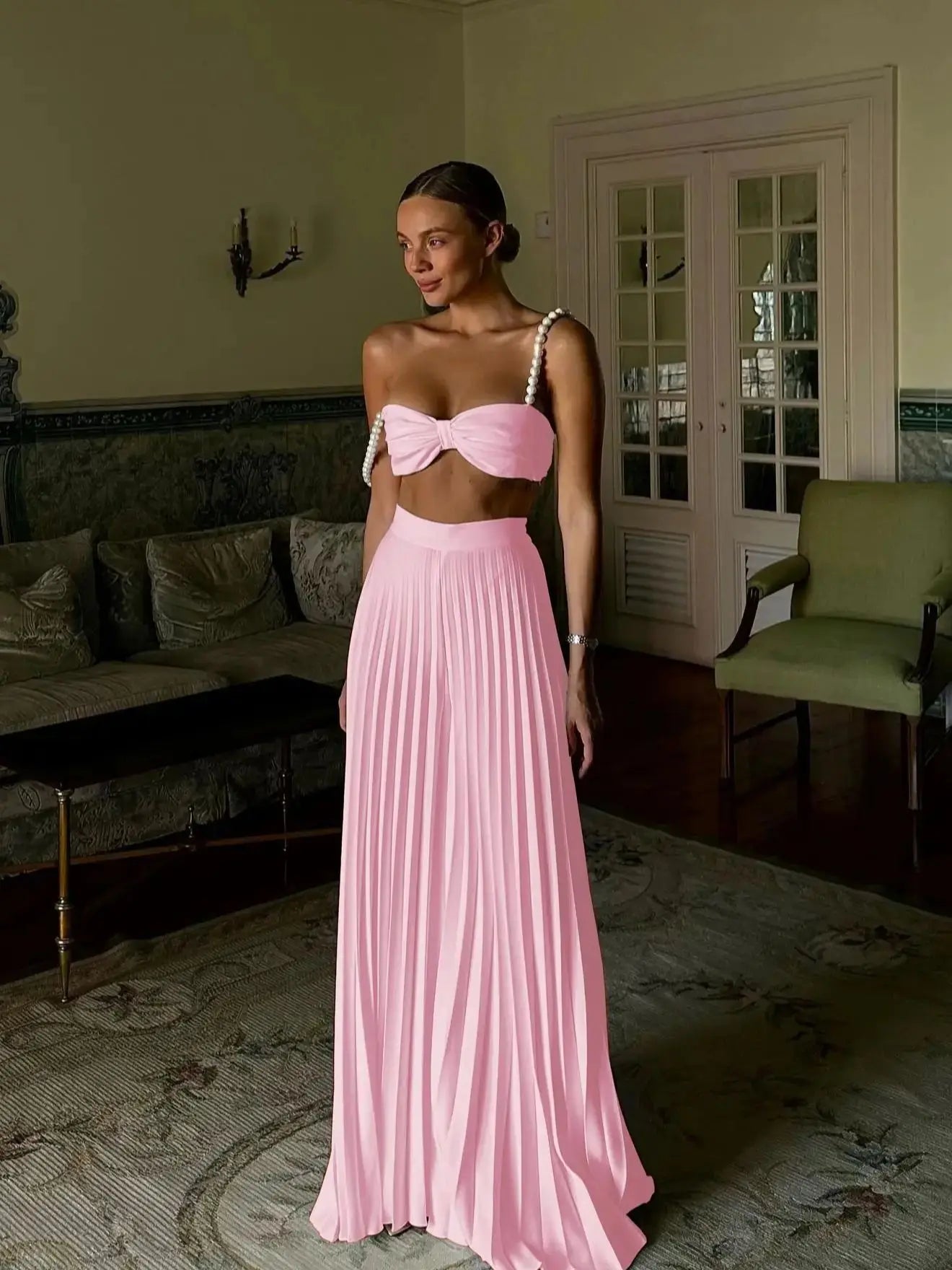 Two Piece Pleated Skirt Set - A-Line Beach Holiday Outfit