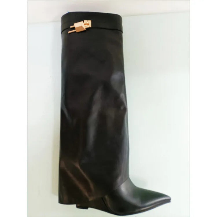 Women's Wedge Leather Mid-Calf Boots - 10cm Heel Metal Buckle Boots