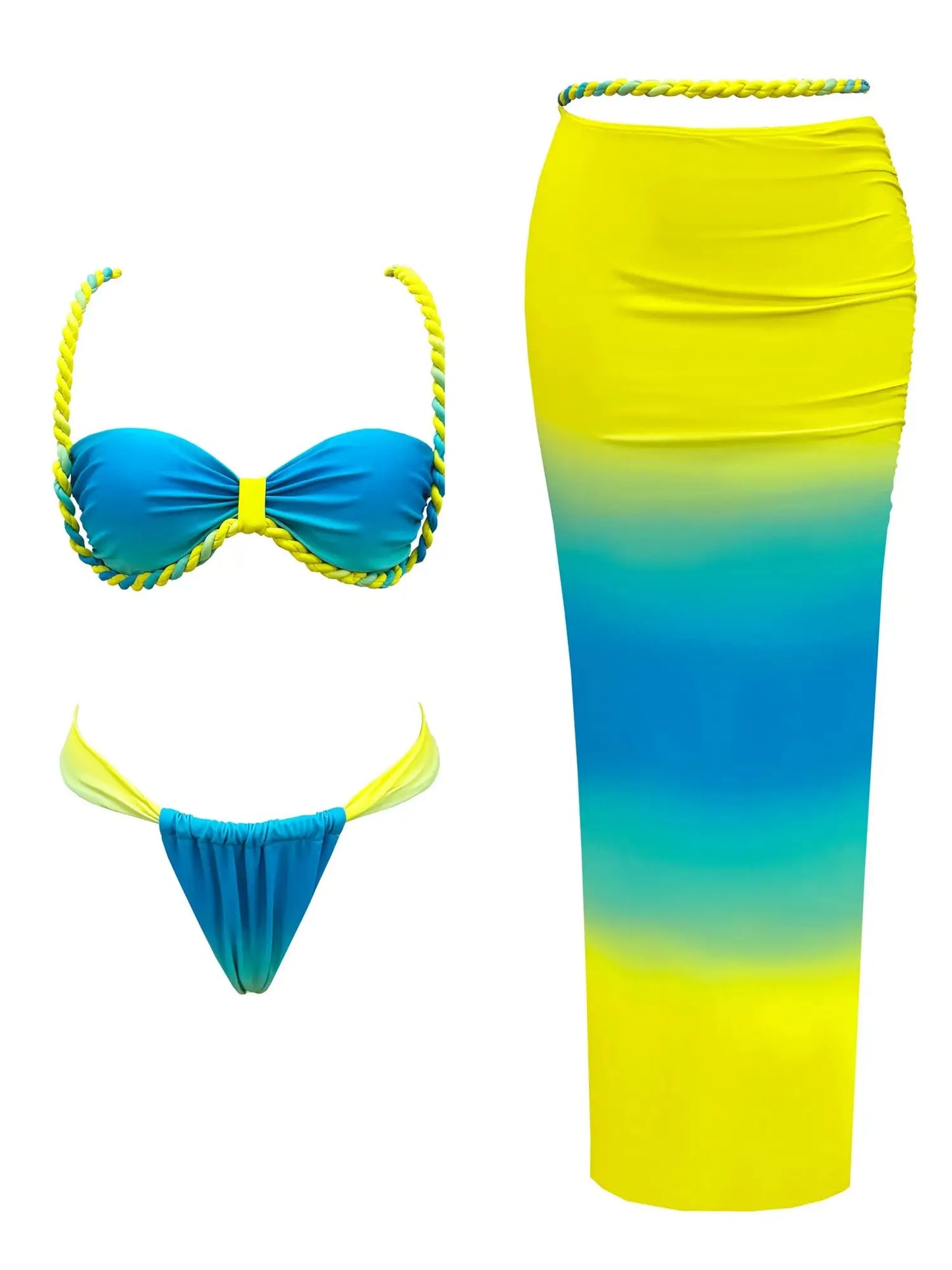 Women's Braid Bandage Bikini with Skirt 3Pcs Halter Bra Summer Skirt