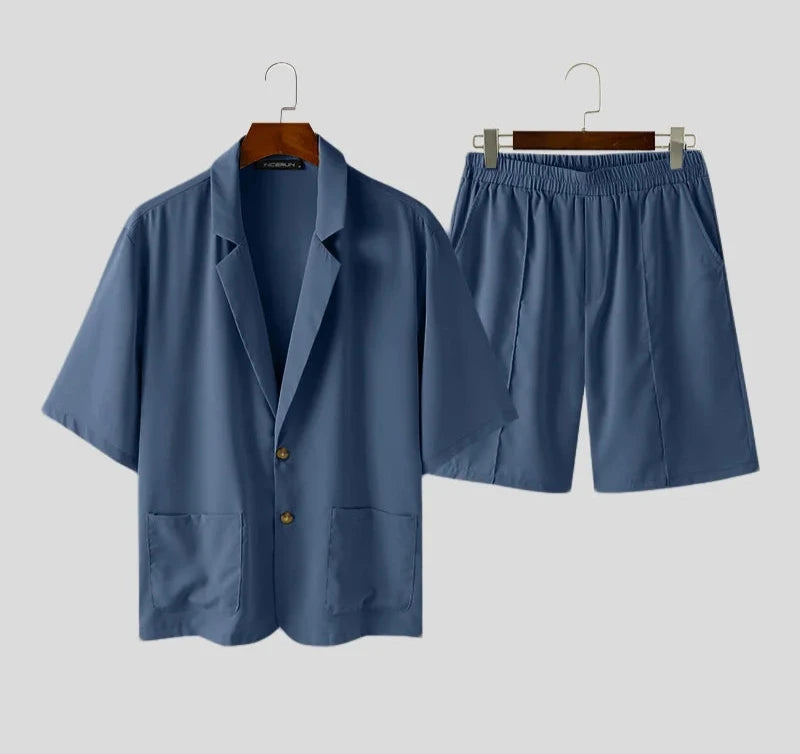 Men's Lapel Short Sleeve Blazer & Shorts Two Pieces Set Suit