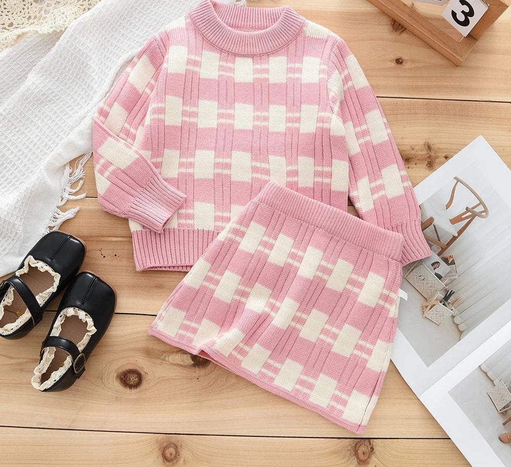 Girl's Colour Blocked Sweater Set Girls Long Sleeved Top and elastic Short Skirt 2-piece Set