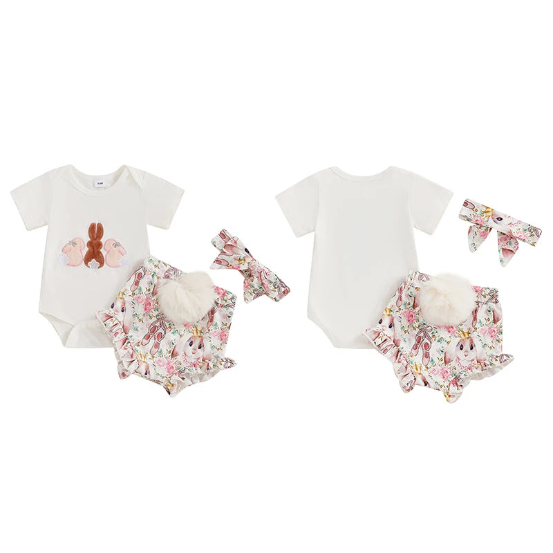 3pcs Baby Girls Easter Clothes Sets 0-18M Rabbit Print Short Sleeve Romper and Shorts Cute Headband