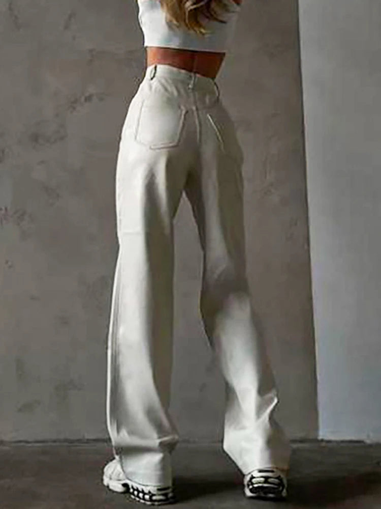 Women's PU Leather High Rise Button Up Straight Leg  Trousers