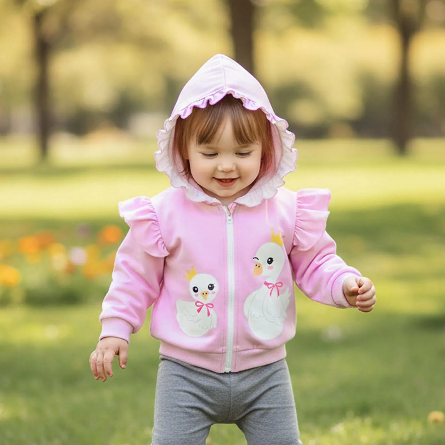 Toddler Girls Hooded Jacket - Goose Print Long Sleeve Coat