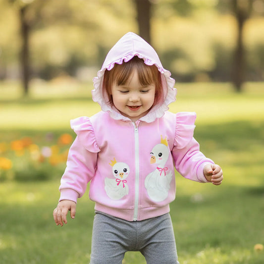 Toddler Girls Hooded Jacket - Goose Print Long Sleeve Coat