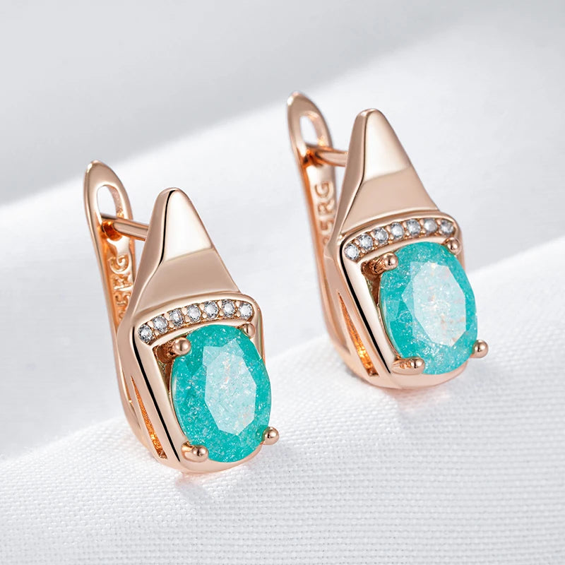 585 Rose Gold Colour Geometry Drop Earrings for Women Unusual Green Natural Zircon