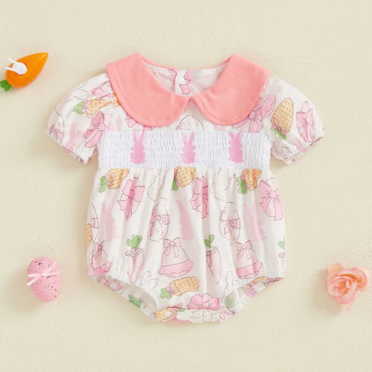 Baby Girls Easter Rabbit Romper - Doll Collar Short Sleeve Bodysuit (0-18M)