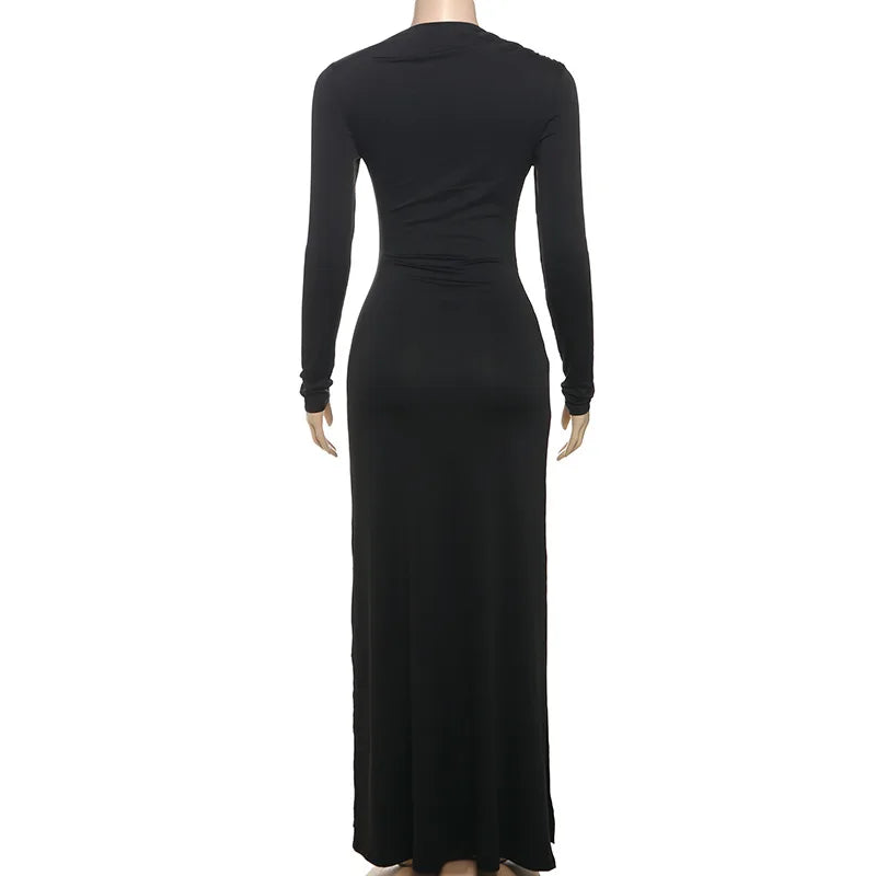 Women's Ruched Embellished Bodycon Dress - Long Sleeve Elegant Dress