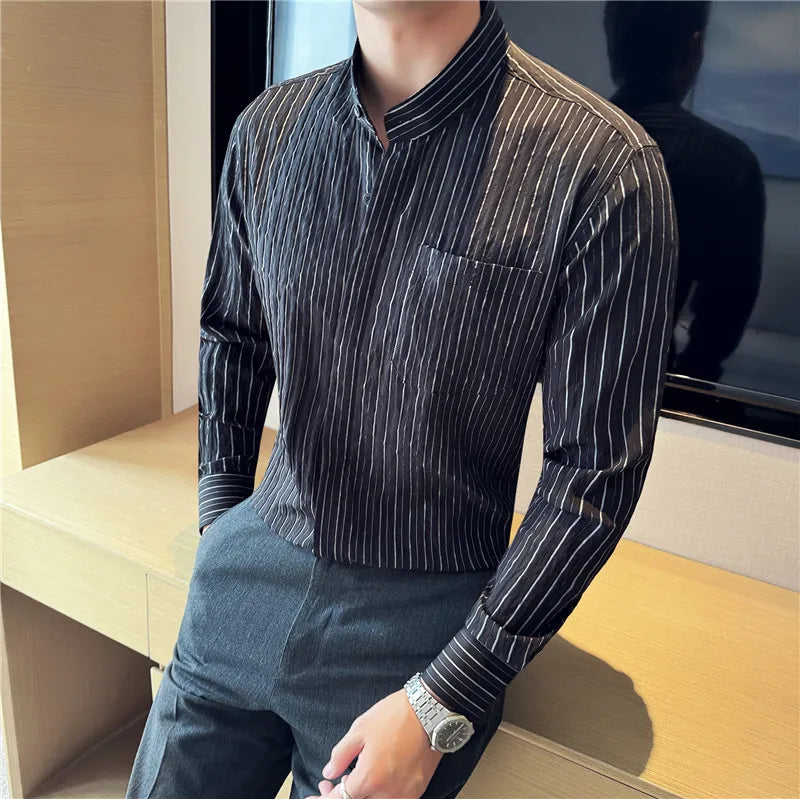 Men's Striped Stand Collar Long Sleeve Single Breasted Shirt