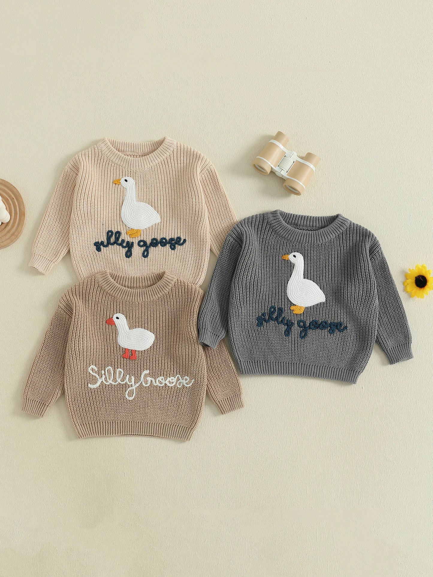 Toddler Baby Goose Sweater - Animal Letter Embroidered Crewneck Chunky Knit