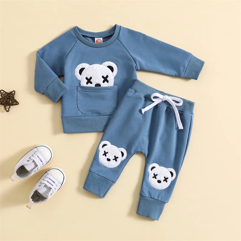 Toddler Boy's 2-Piece Outfit Set - Bear Embroidery Pullover & Drawstring Pants