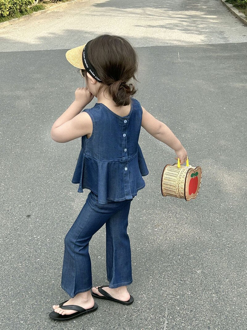 Girl's Summer Kids, Children Thin Denim Shirt and Flared Pants Outfit 2PCS