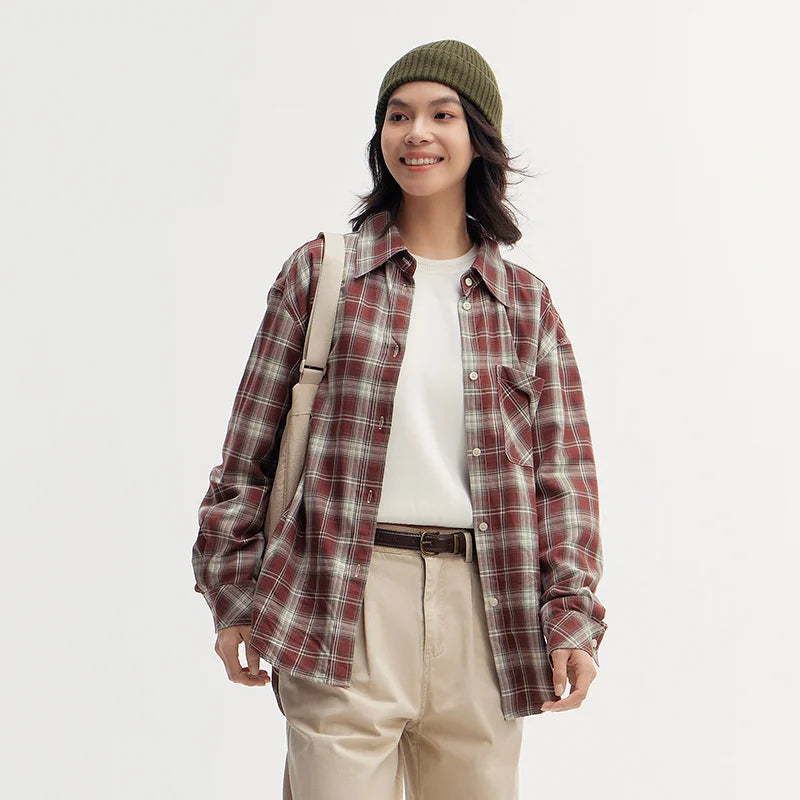 Oversized Drop Shoulder Plaid Shirt Loose Retro Casual Stylish Top