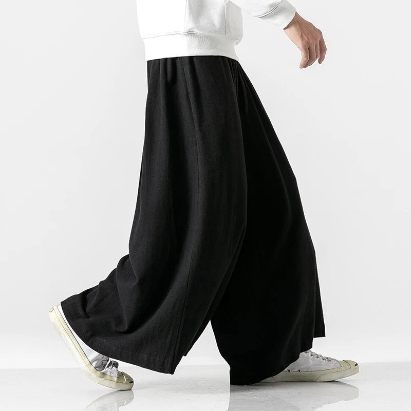 Men's Loose Wide Leg Cotton Linen Trousers with Elastic Waist
