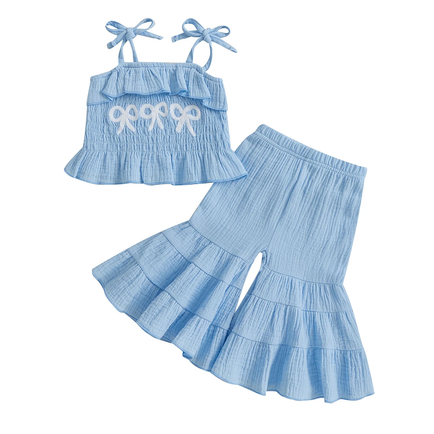0-6Y Kids Girls Summer Clothes Set Bow Embroidery Tie-Strap Tank Top with Solid Color Flare Pants