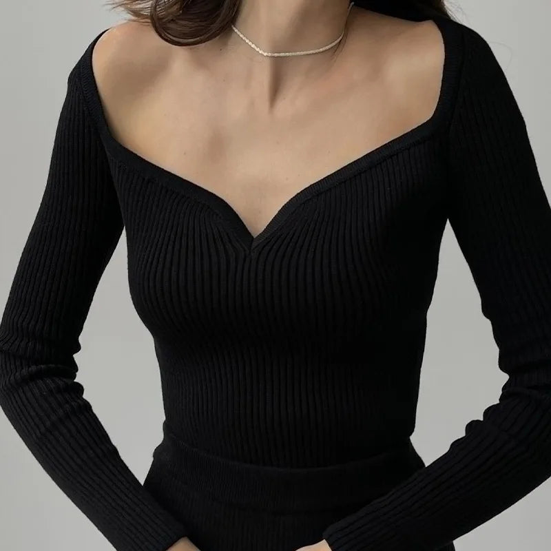 Women's Square Collar Knit Long Sleeve Top