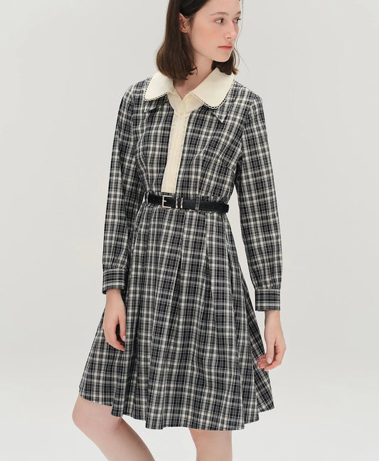 Women's Lace Peter Pan Collar Plaid Dress - Long Sleeve Vintage Style