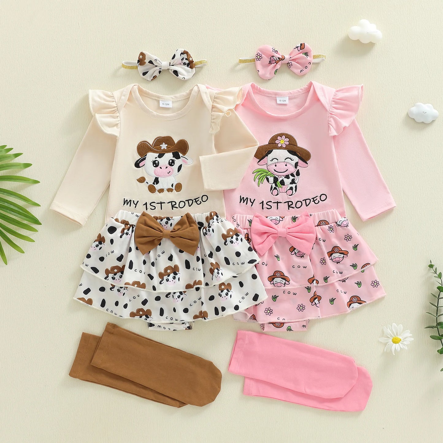 Newborn Baby Girls Boys Outfit Set - Cow Embroidery Romper with Skirt & Accessories 0-12M