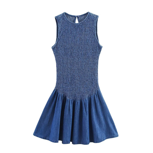 Women's Honeycomb Grid Sleeveless Mini Dress with Pleated Details