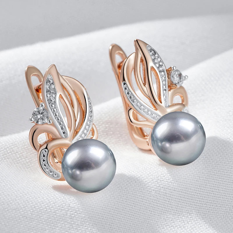 Natural Zircon Flower Gray Pearl Drop Earrings - Rose Gold Boho Wedding Jewelry