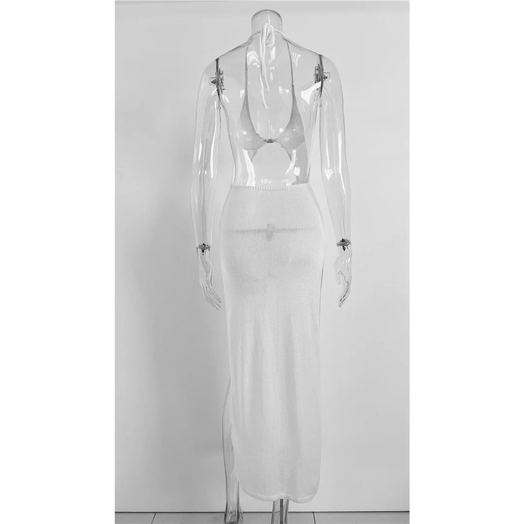 Knit Halter V Neck Slit Beach Maxi Dress Cover Up