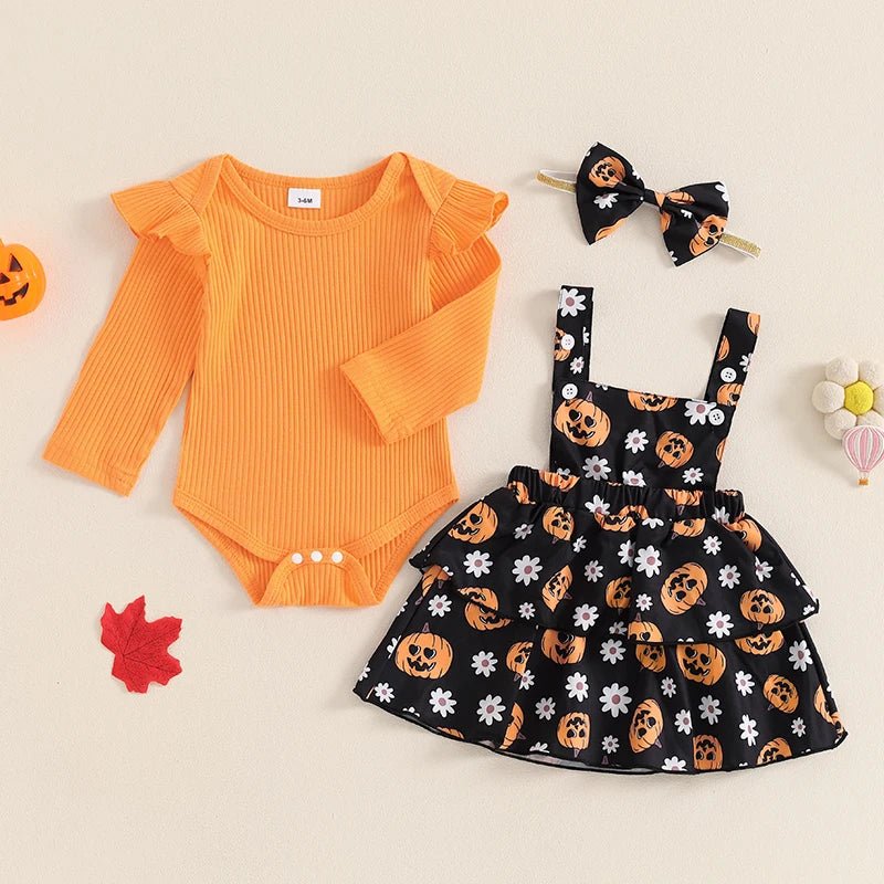 Baby Girl's Halloween Outfit Set - Ribbed Romper, Pumpkin Suspender Skirt & Bow Headband