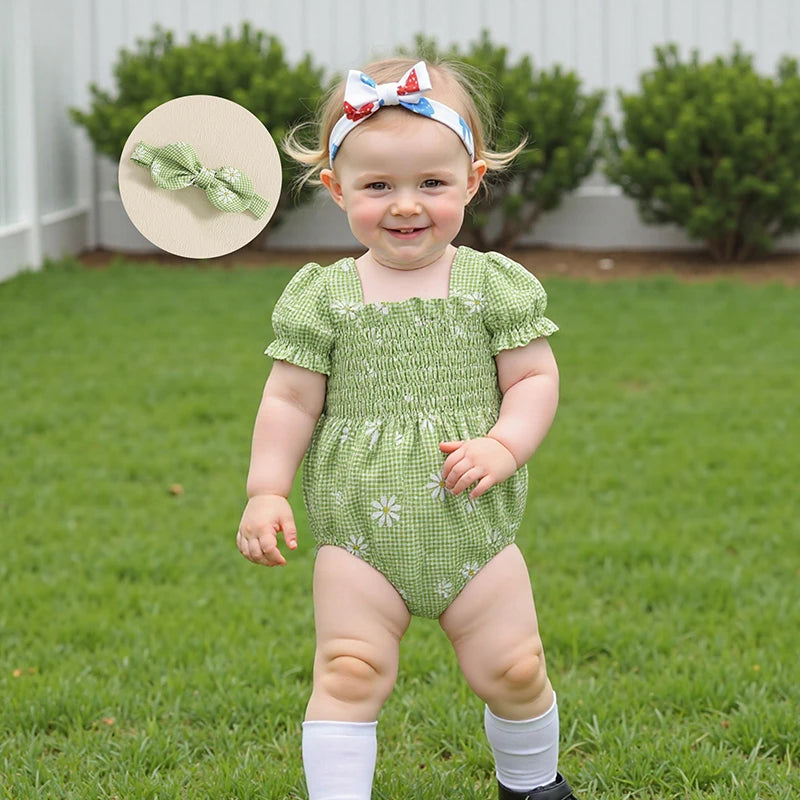 Baby Girls Romper Set with Headband - Plaid Flower Print Short Sleeve Bodysuit 2-Piece