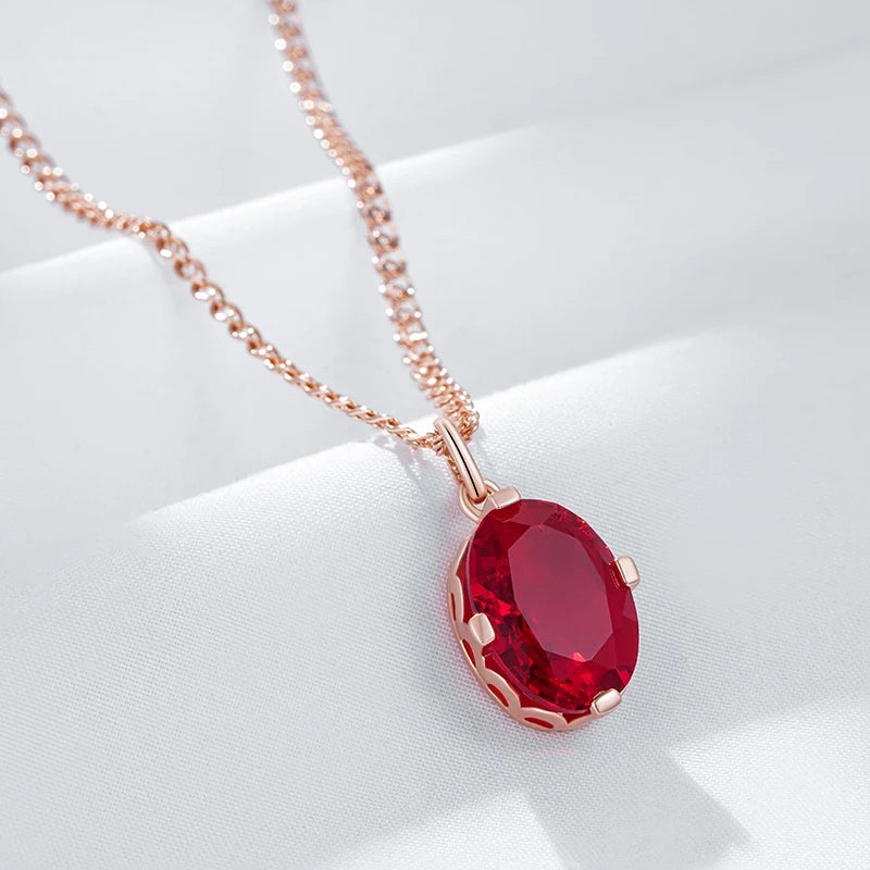 Women's 585 Rose Gold Colour  Oval Red Natural Zircon Pendant Necklace