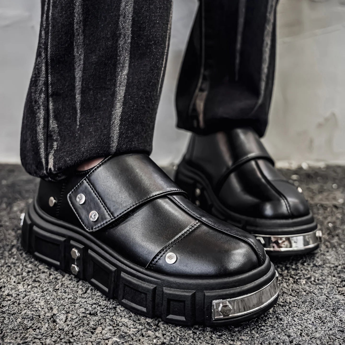 Men's Leather Platform Derby Shoes - Metal Detail Casual Dress Sneakers