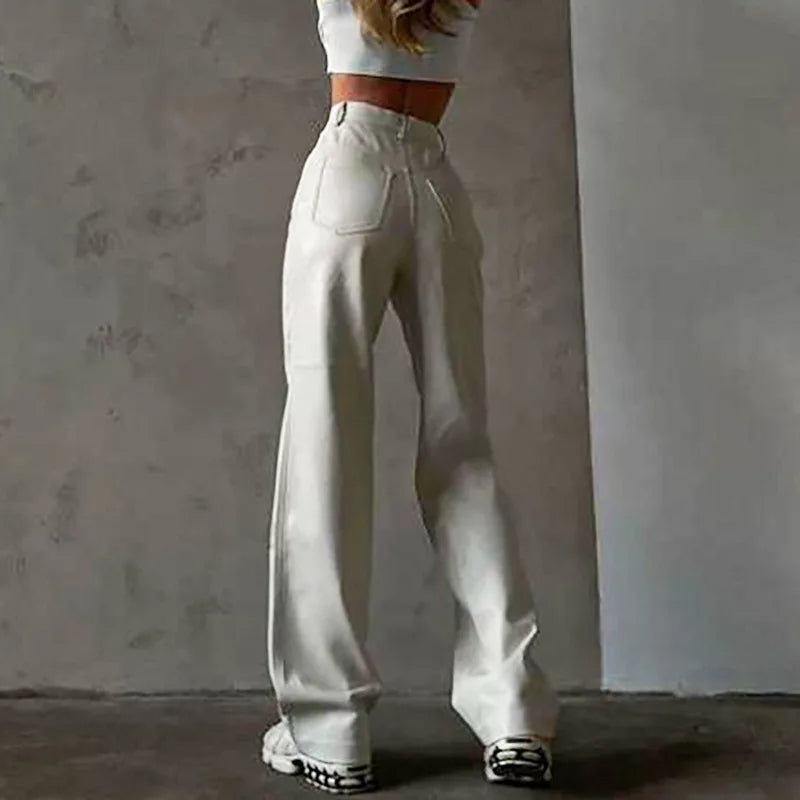 Women's PU Leather High Rise Button Up Straight Leg  Trousers