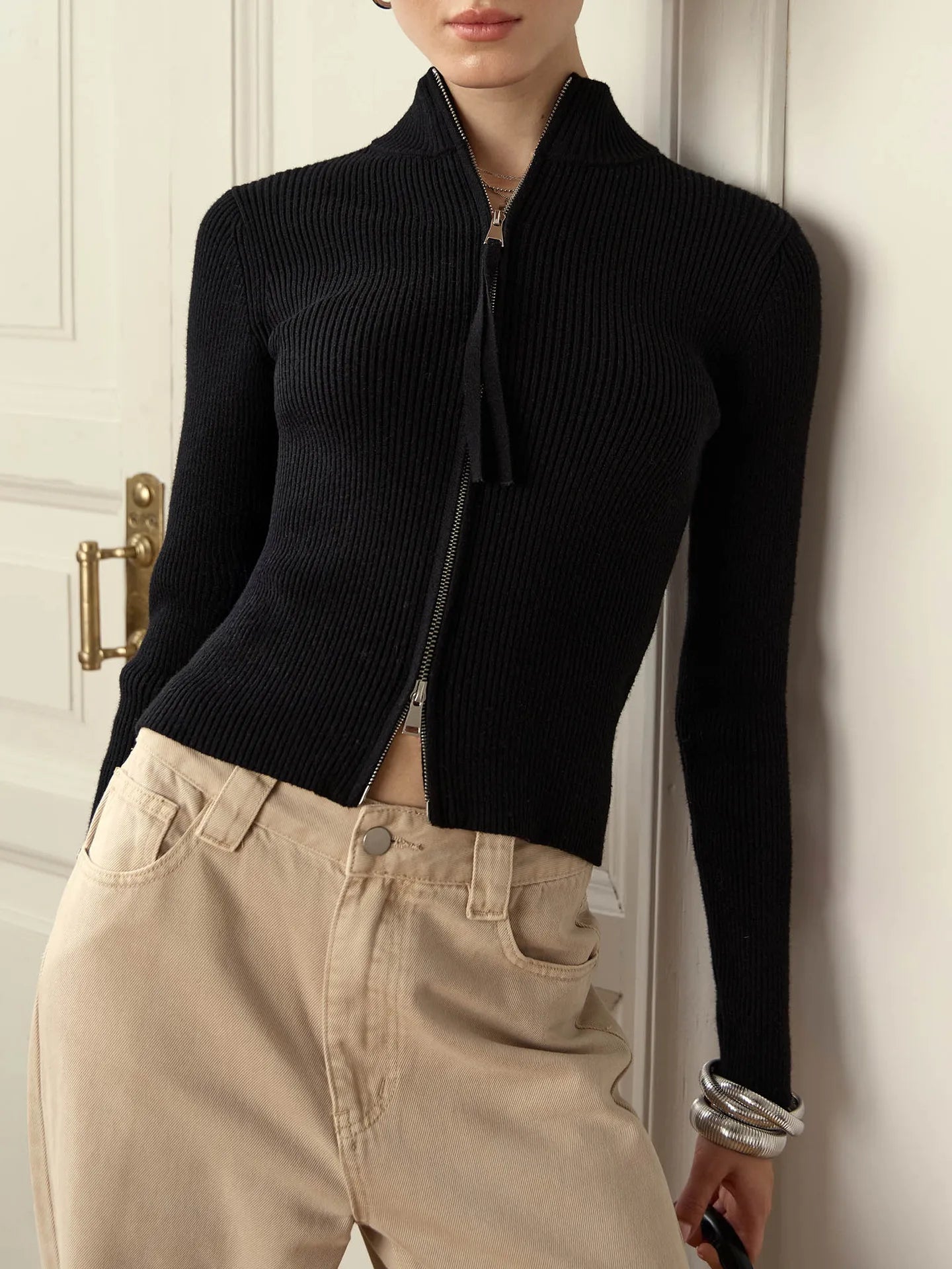 Women's Zipper Knitted Cardigan Stand Collar Long Sleeve Top High Waist  Bottoming Sweater