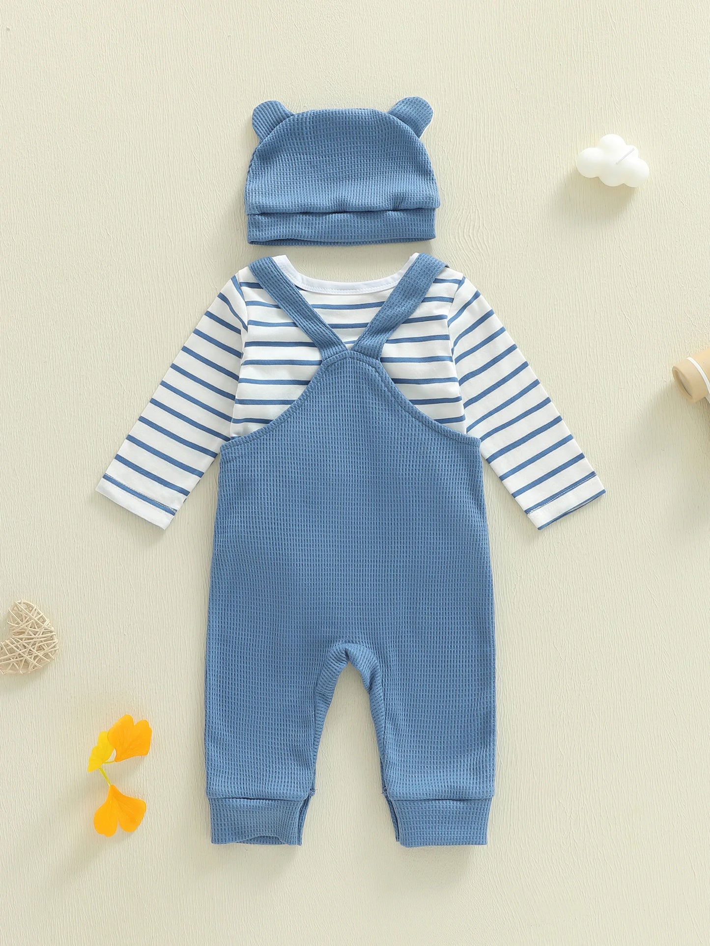 Baby Boys 3-Piece Outfit Set - Striped Romper, Elephant Suspender Pants & Hat