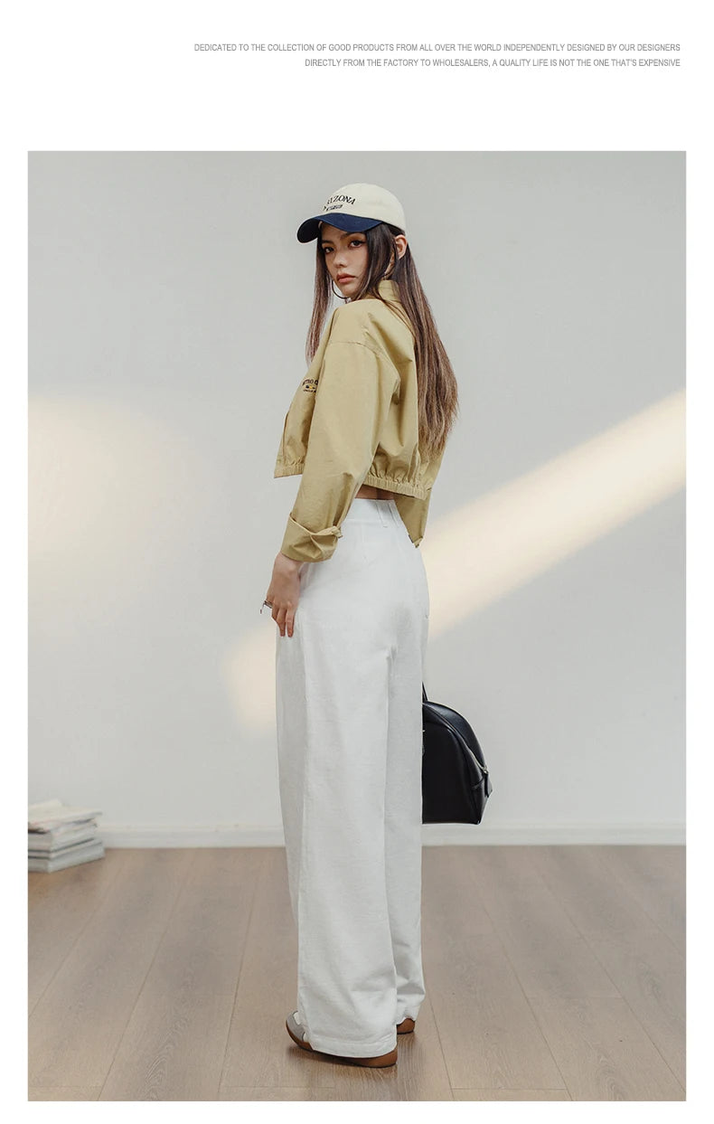 Women's White 100% Cotton Wide-Leg Cargo Trousers | Loose Straight Streetwear Pants